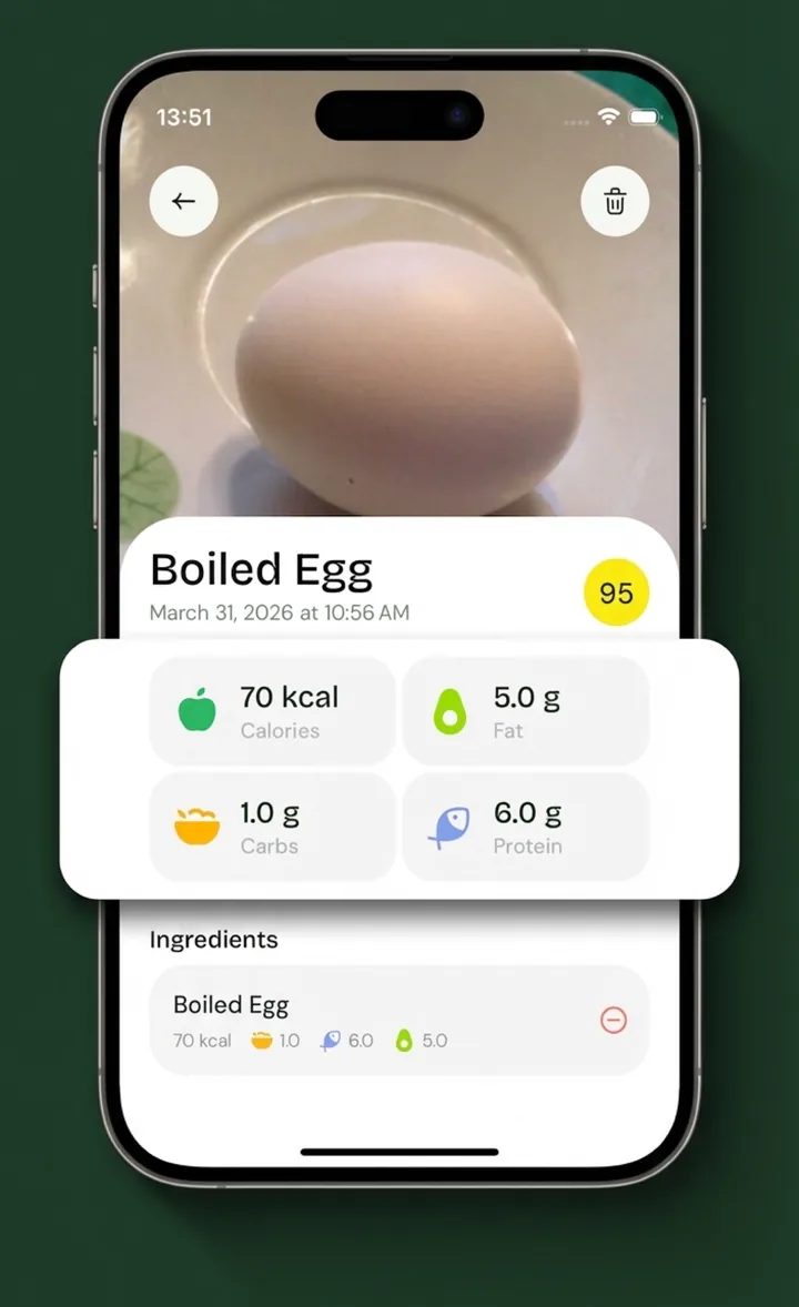 NutriAI app showing calories and macros for a boiled egg